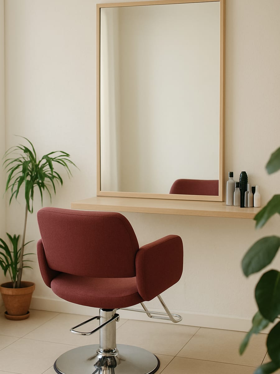Fauteuil de coiffure vide face à un miroir photographié